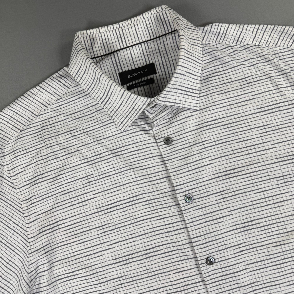 Bugatchi Mens XXL OoohCotton Tech 8 Way Stretch White Blue Check Button Shirt